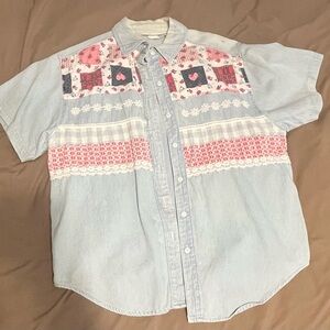 Victoria Jones Woman Blue and Pink Patchwork Blouse